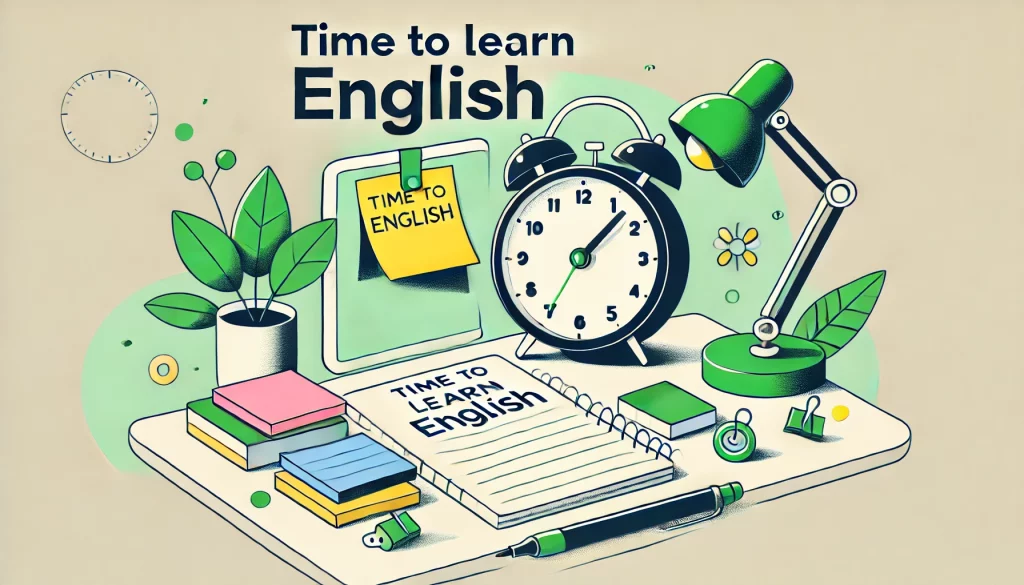 Escritorio con reloj, planta, libros y computadora mostrando "Time to Learn English".